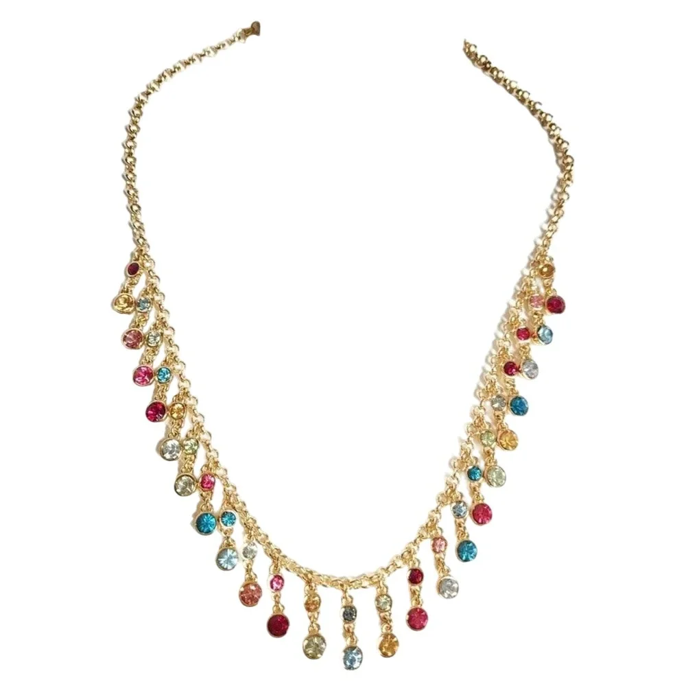 J. Crew Gold Tone Multicolor Crystal Fringe‎ Dangle Statement Necklace NEW